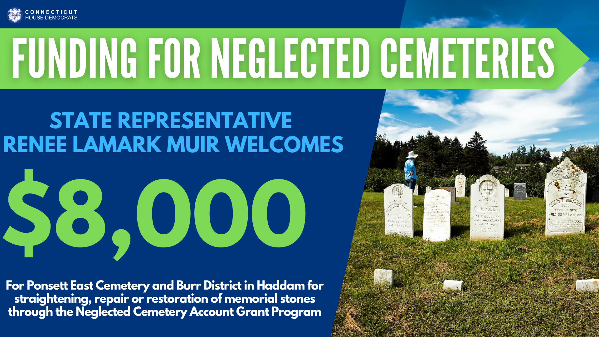 Haddam is receiving funds for headstone repairs at two local cemeteries.