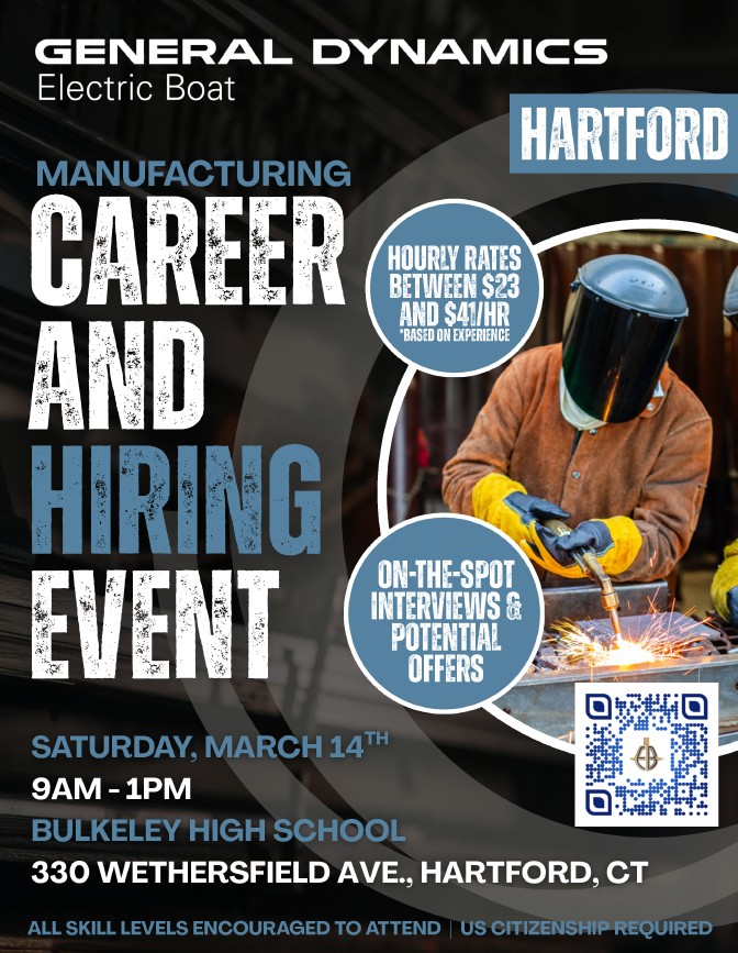 GE/EB manufacturing career & hiring fair in Hartford on March 14.