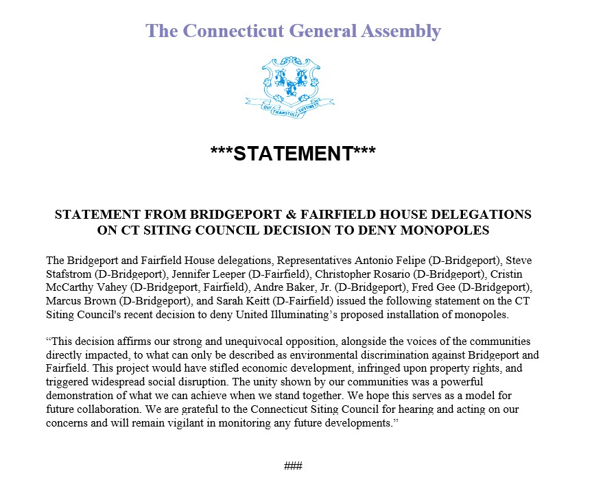 Statement from the House Dems from Bridgeport and Fairfield on the UI monopole decision.